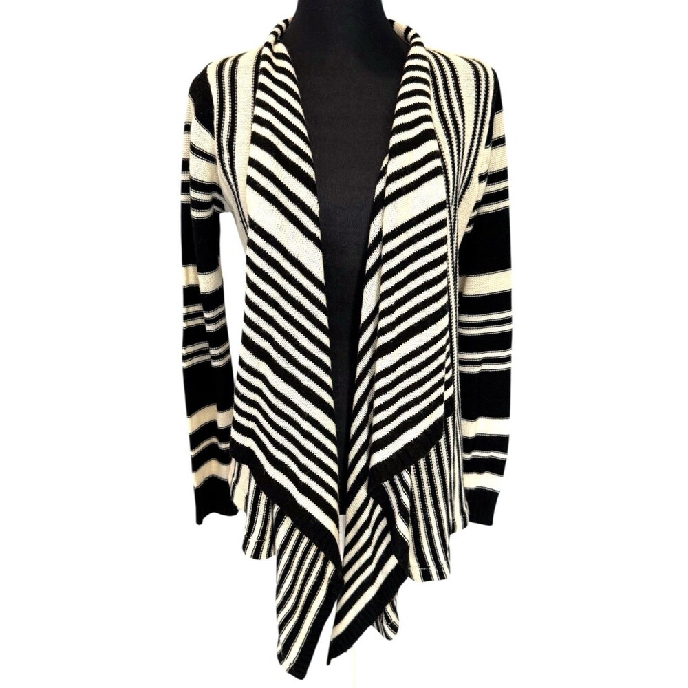 Women’s Black & White Striped Cardigan Sweater Open Draped Size S by Pink Rose